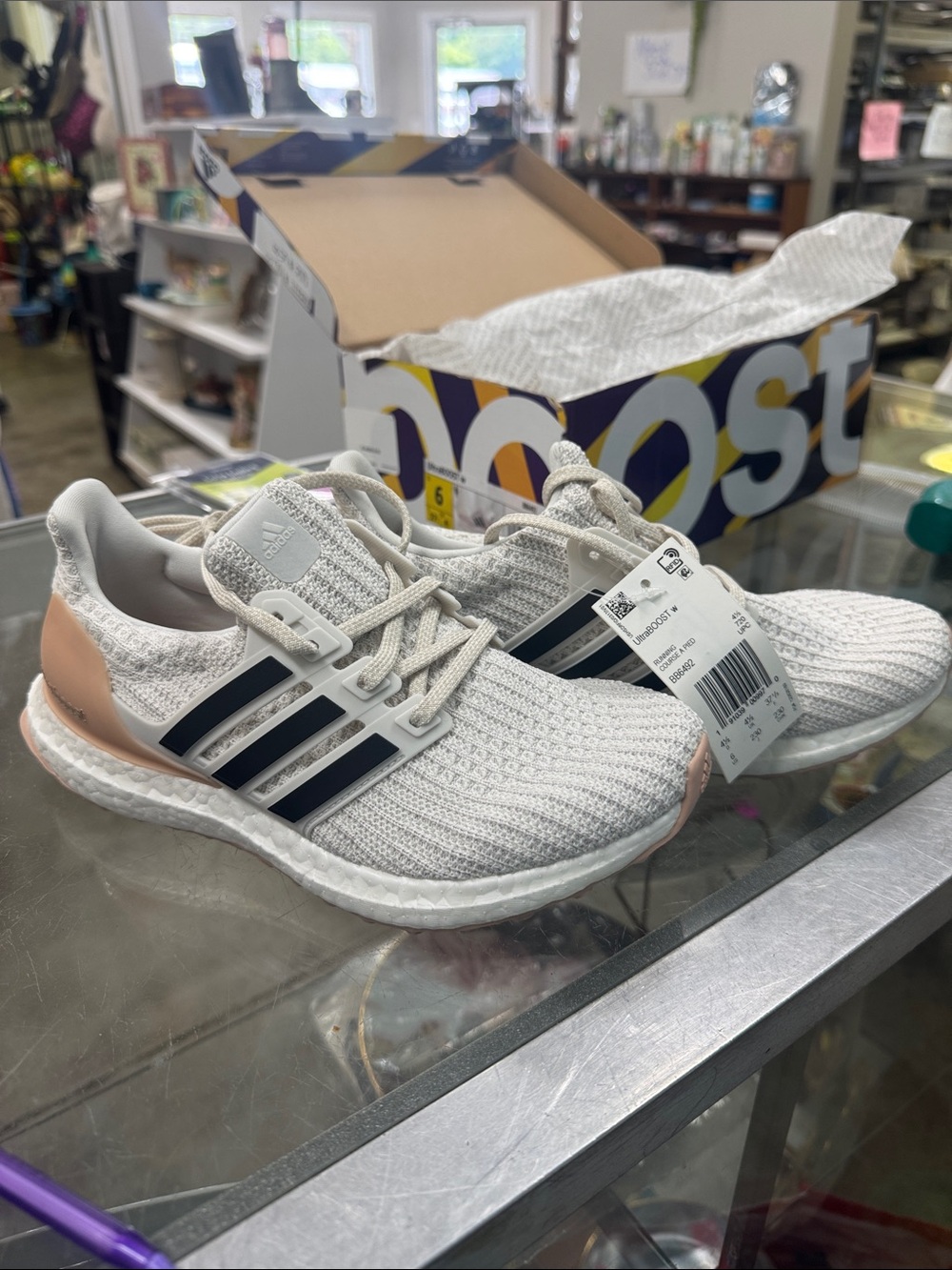 adidas Ultraboost Running Shoes in Light Gray with Black Stripes and Blush Heel